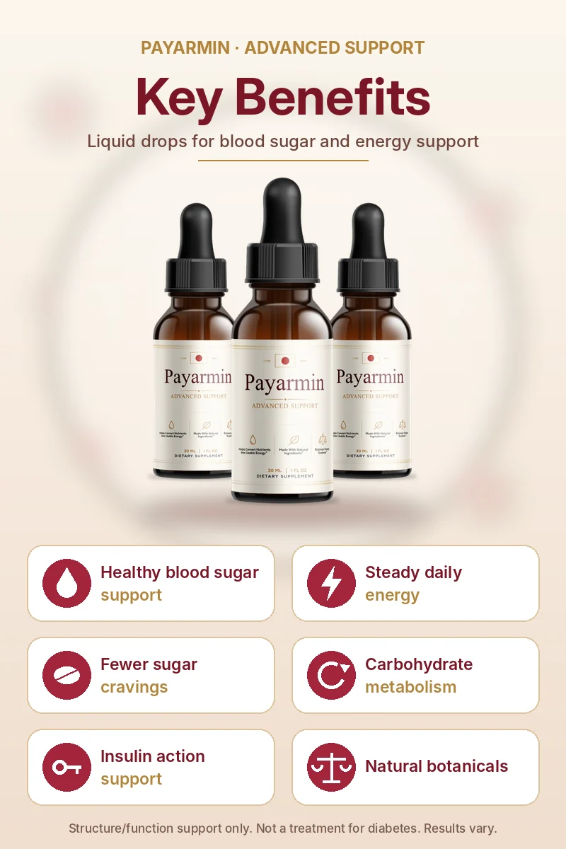 Payarmin key benefits: healthy blood sugar support, steady energy, fewer sugar cravings, carbohydrate metabolism, insulin sensitivity support, natural ingredients